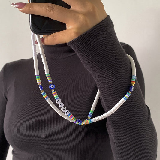Jewelry Personality Eye Letter Beaded Hanging Neck Mobile Phone Chain Soft Pottery Weaving Geometric Mobile Phone Ornament
