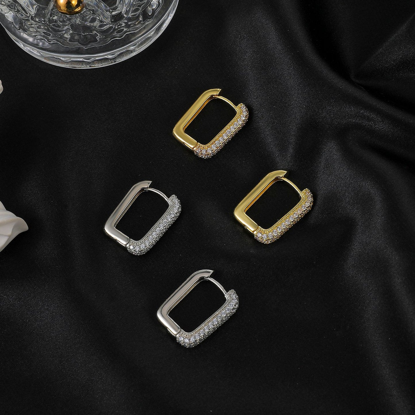 High-end copper inlaid zircon square earrings ins same fashion simple geometric earrings French style earrings for women