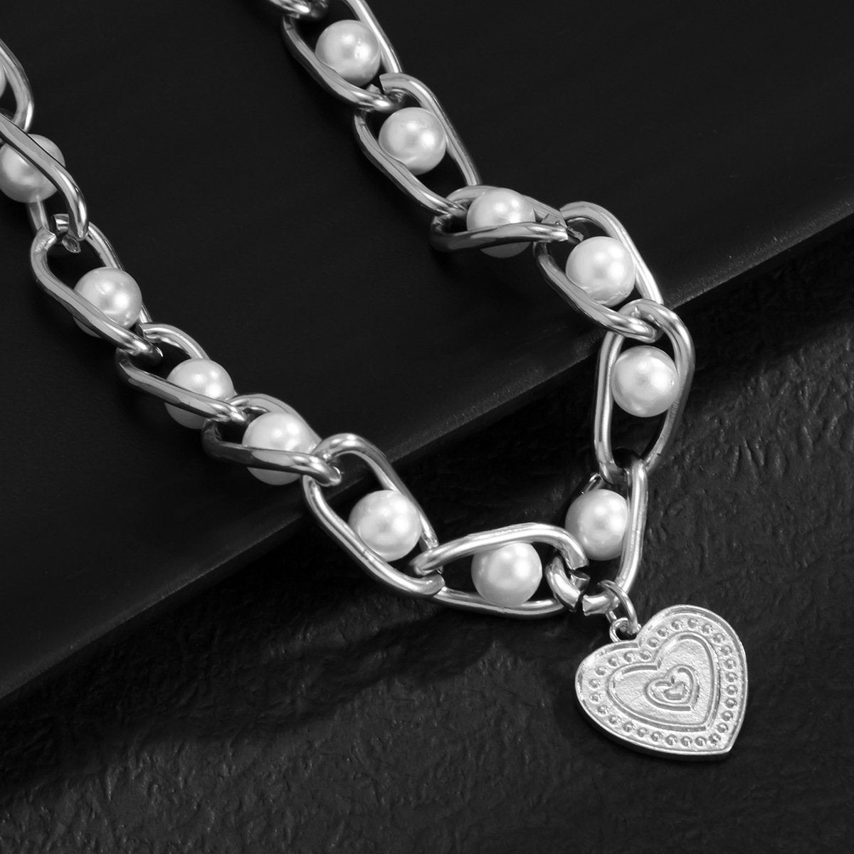 Jewelry retro inlaid pearl chain men's necklace hip-hop trendy cool metal peach heart-shaped necklace female