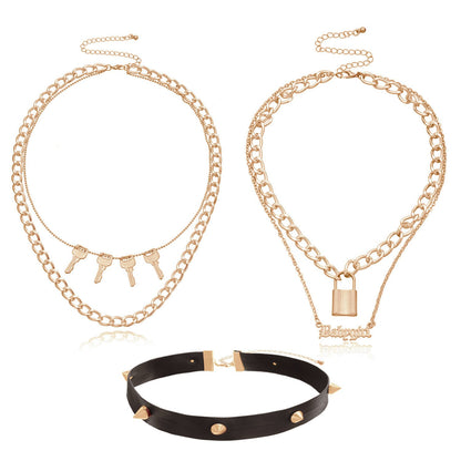 Jewelry PU leather punk rivet multi-layer necklace ladies English letter lock pendant necklace