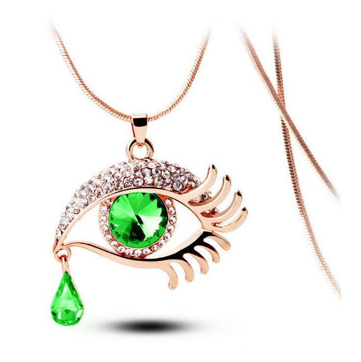 Fashion Versatile Eye Pendant Crystal Teardrop Eyelashes Necklace Long Sweater Chain Jewelry