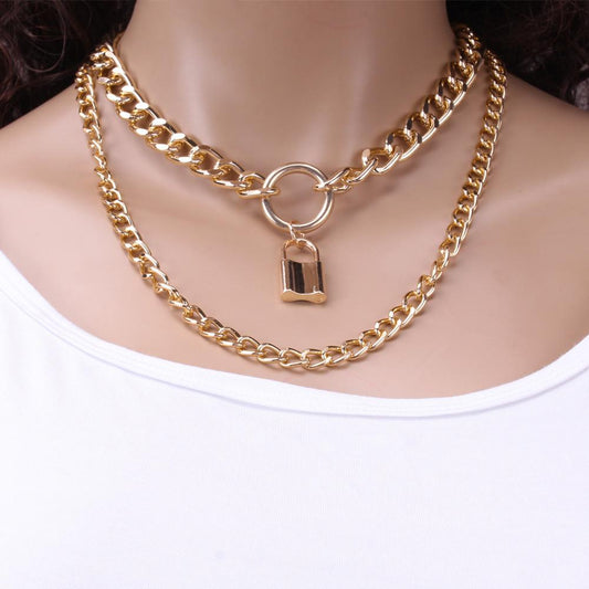 Jewelry autumn lock-shaped multi-layer alloy ring necklace creative simple chain necklace female