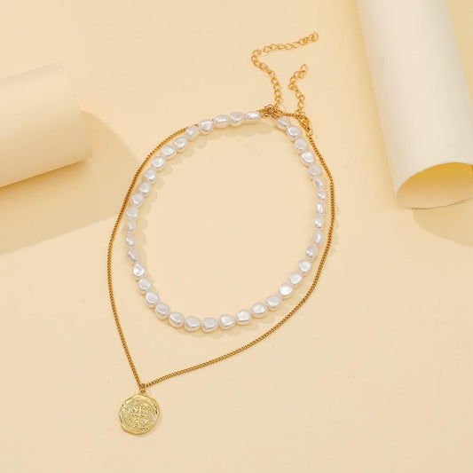 ins simple irregular ancient coin pendant titanium steel chain real gold plating pearl double layer necklace