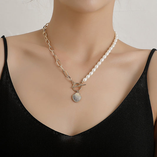 Jewelry rice grain pearl lock-shaped scallop pendant necklace female trend personality fashion simple necklace