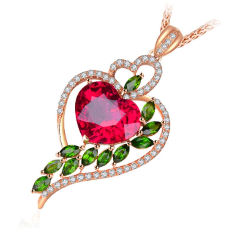 Fashion Ladies Ruby Heart Pendant Necklace Set Green Diamond Heart Necklace Jewelry