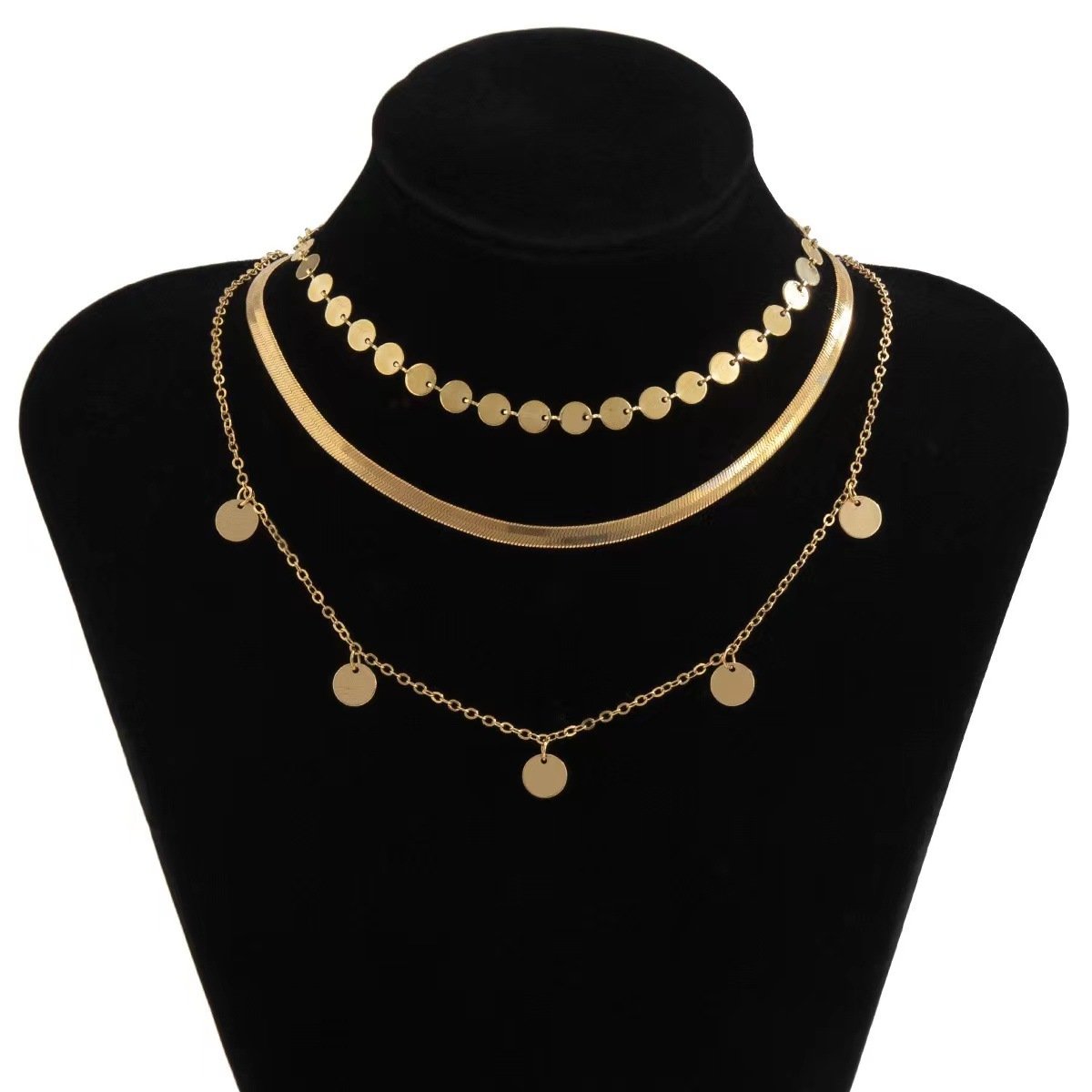 Jewelry catwalk geometric thin chain clavicle chain retro simple disc pendant set necklace