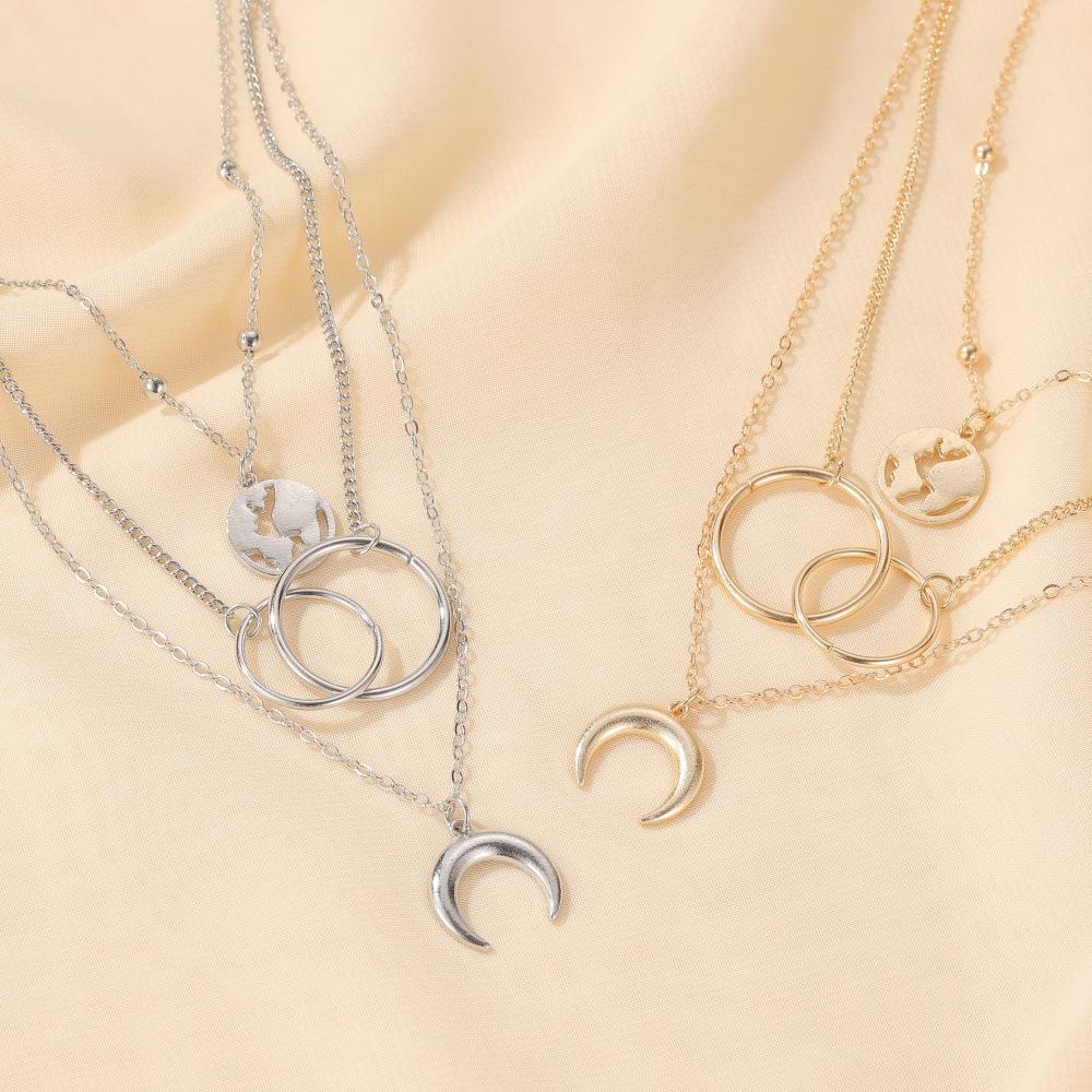 Accessories Fashion Multilayer Metal Map Moon Necklace Three Layer Long Ring Pendant Sweater Chain