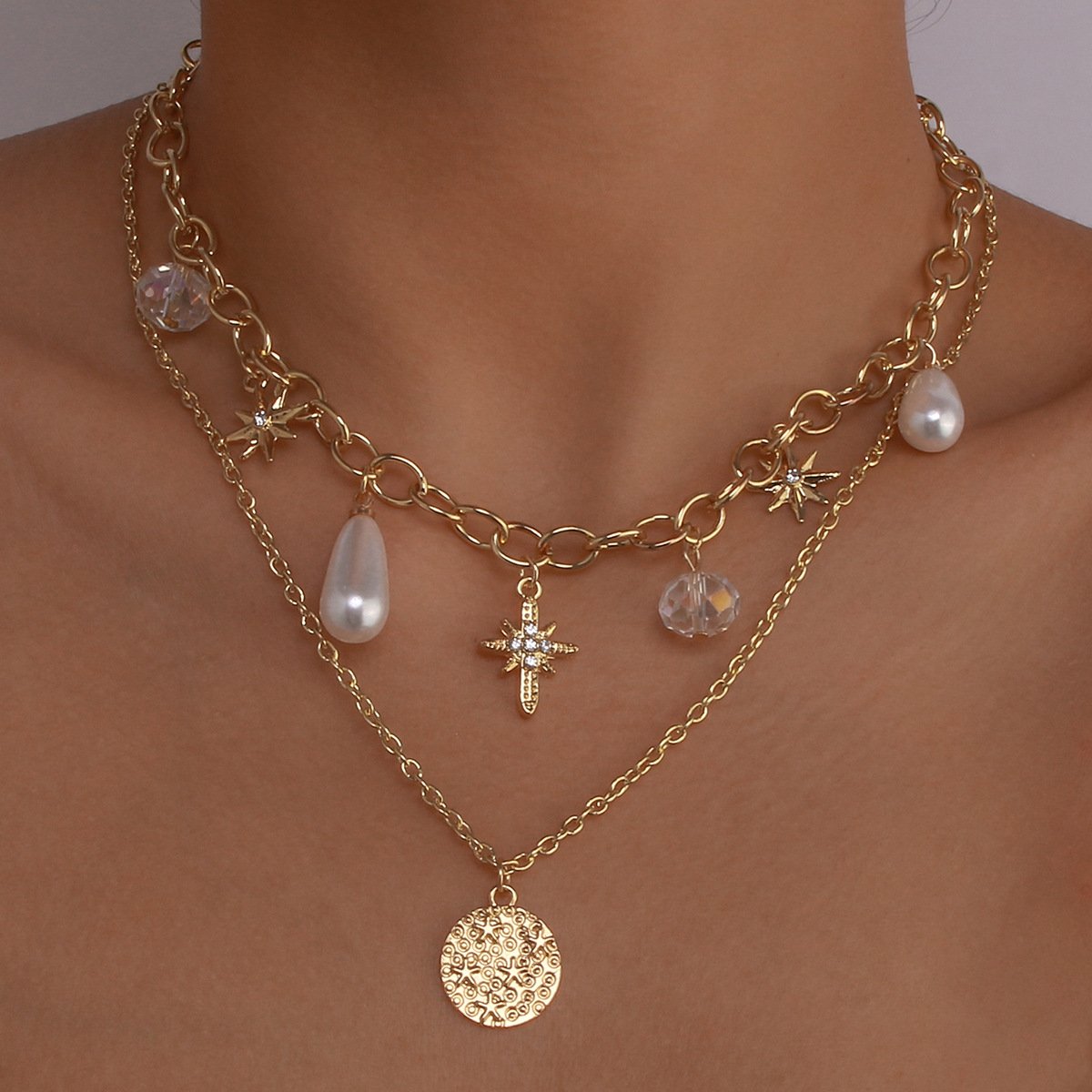 N161 Accessories Pearl Crystal Double Layer Simple Necklace Octagram Disc Temperament Necklace Female