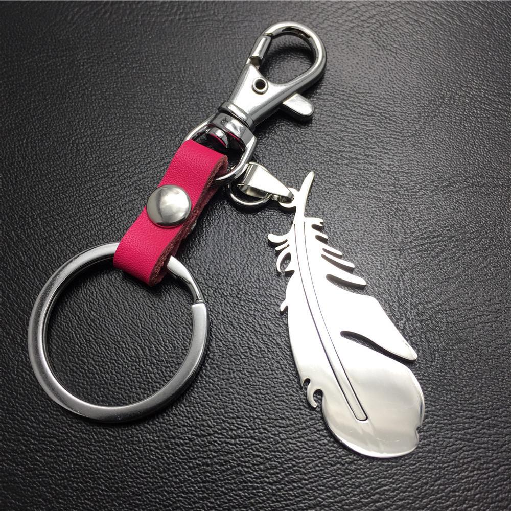 Feather Titanium Steel Pendant Jewelry Accessories Cowhide Keychain Stainless Steel Men's Waist Hanging Ladies Bag Pendant