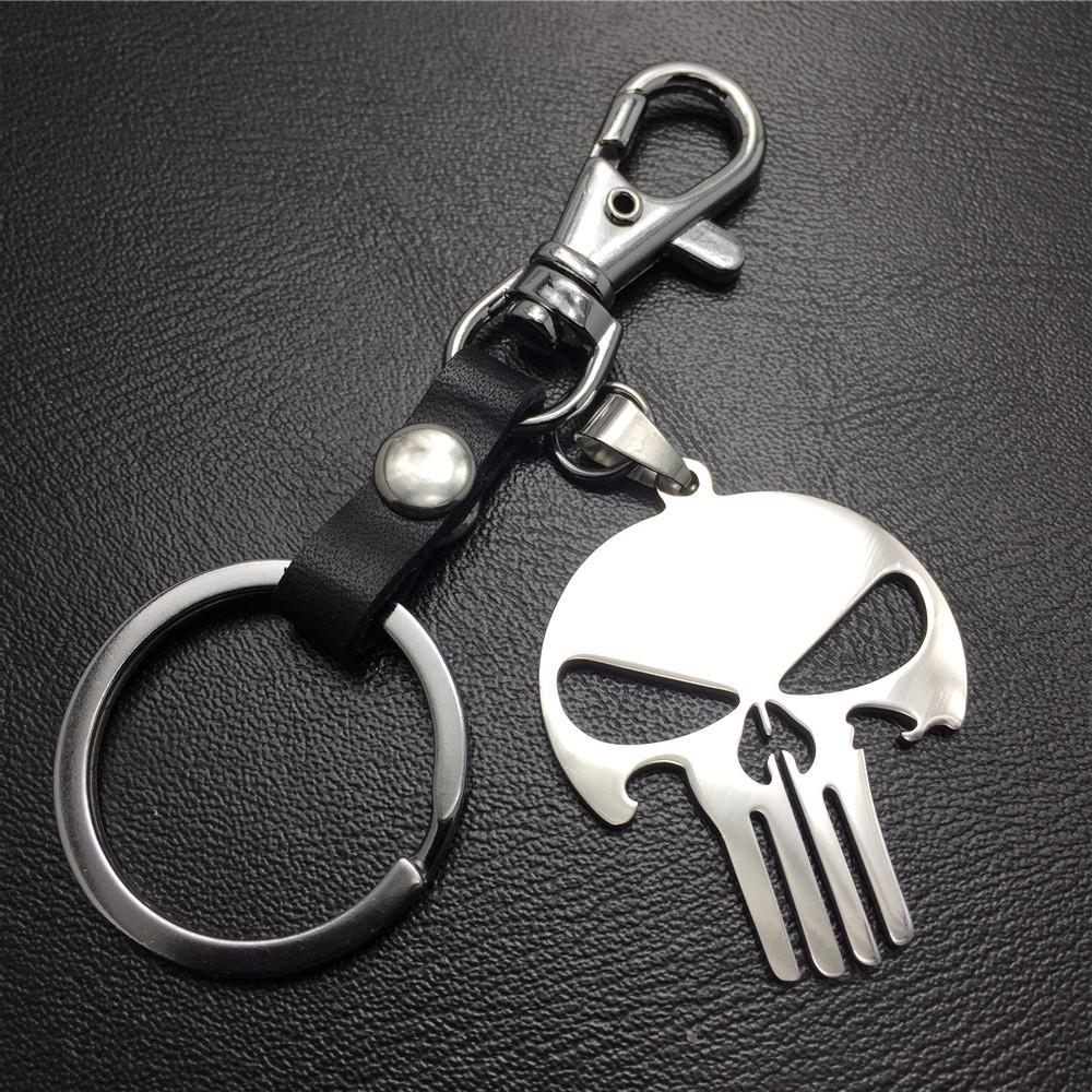 Superhero Skull Punisher Stainless Steel Leather Keychain Men's Waist Bag Pendant Jewelry Accessories