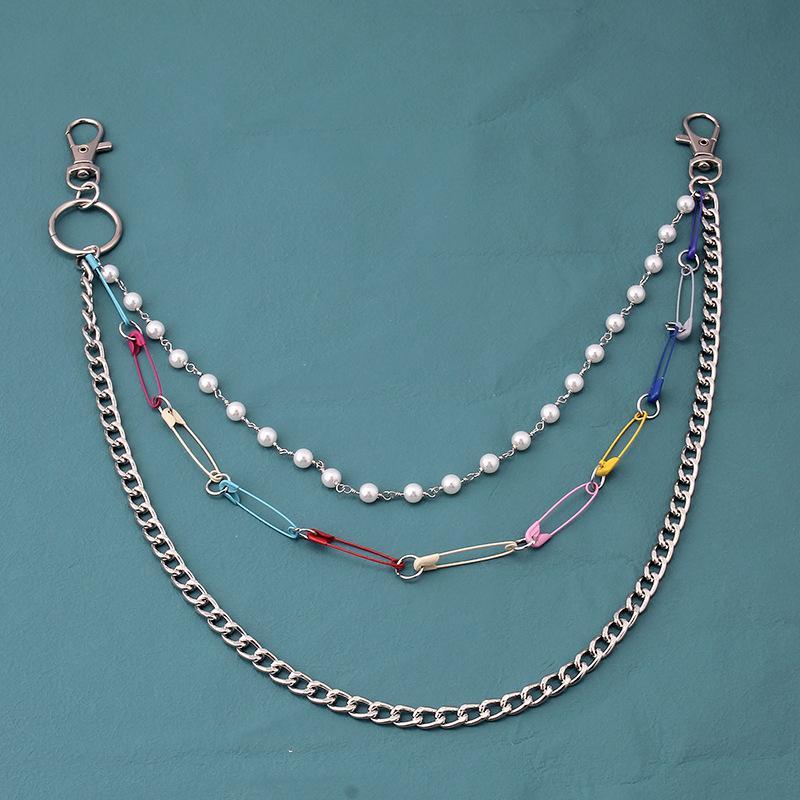 Jewelry personality pearl chain metal waist chain ins fashion multi-color pin multi-layer pants chain