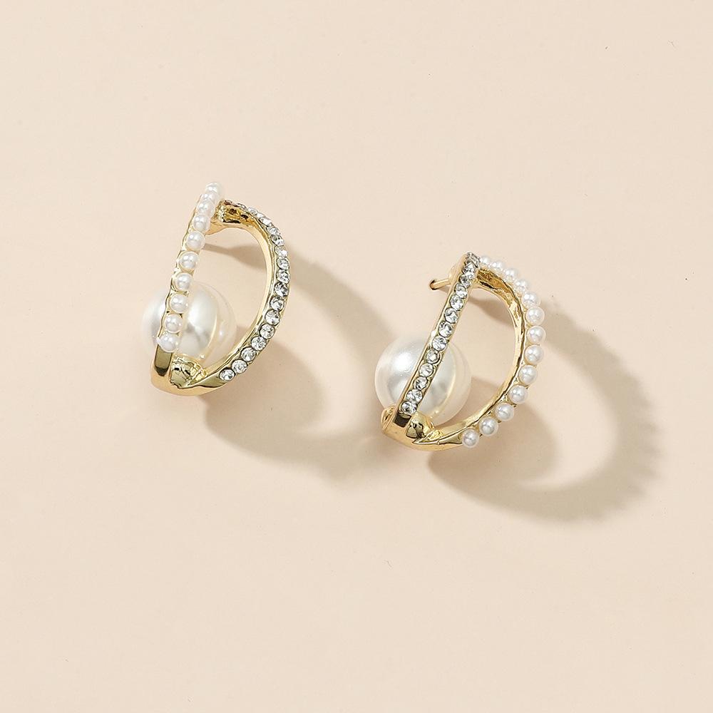 C-word earrings with pearls and diamonds Temperament design ear jewelry trendy versatile niche temperament super fairy jewelry