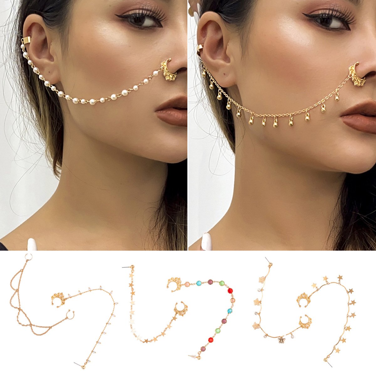 Jewelry Sweet Cool Punk Piercing Jewelry Imitation Pearl Butterfly Tassel Chain Ear Stud Nose Clip Female