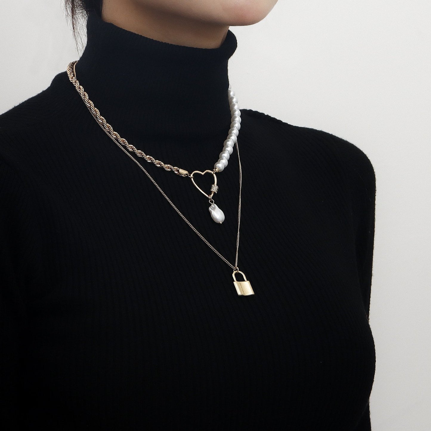 Fashion Temperament Love Padlock Combination Multi-Layered Wearing Exaggerated Necklace Niche Design Pearl Clavicle Chain Female
