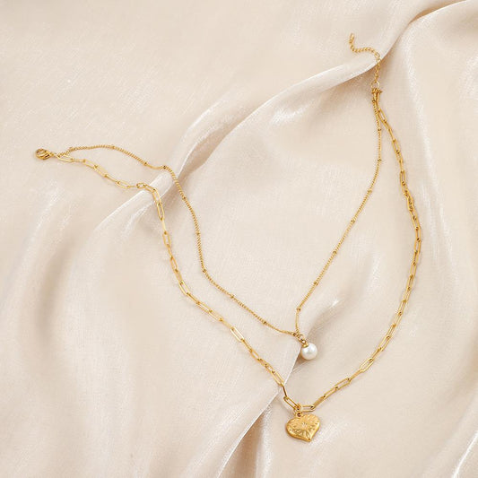Fashion and simple temperament stainless steel gold double love pearl pendant necklace clavicle chain all-match
