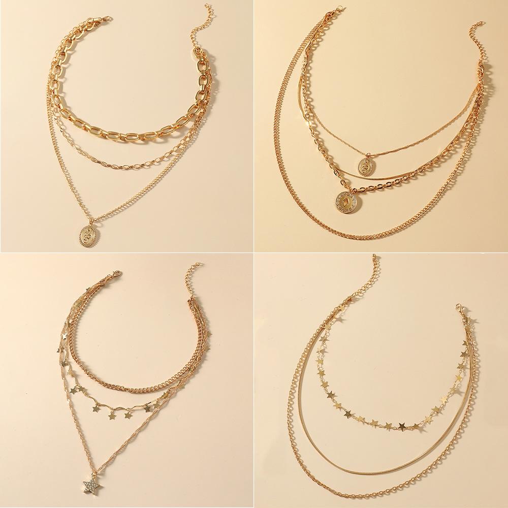 Multi-layer necklace hip-hop metal thick chain long collarbone chain personality men and women stacked necklaces