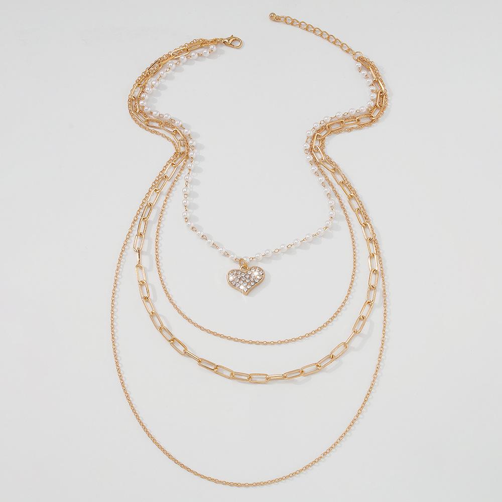 N9685 Fashionable Pearl Necklace Women's Geometric Heart Diamond Multilayer Necklace Personality Simple Street Shot Necklace