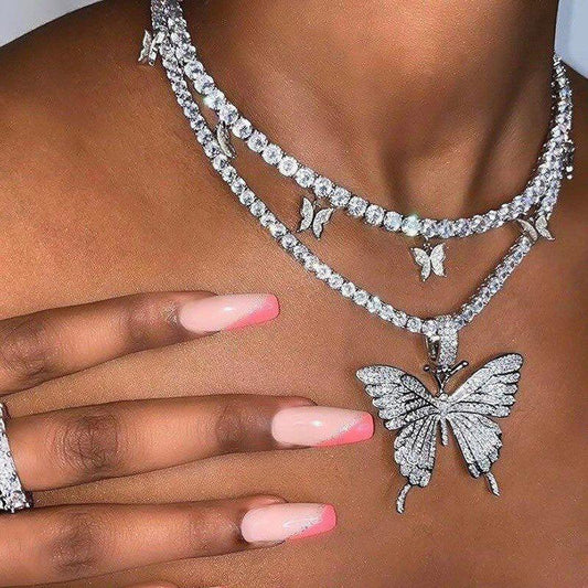 Cuban Butterfly Necklace Rhinestone Butterfly Pendant Necklace Hip Hop Jewelry tennischoker