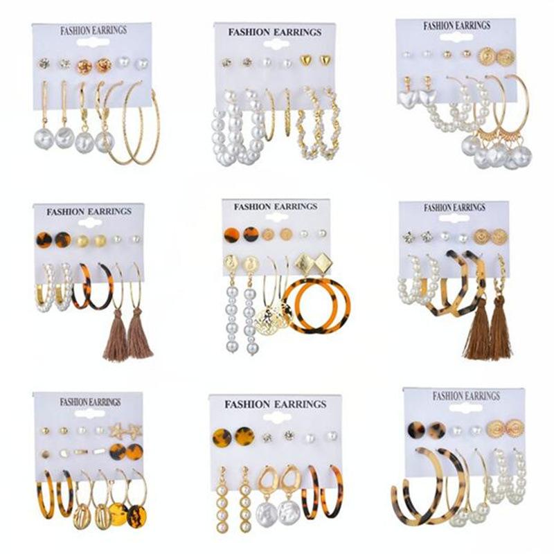 Popular Geometric Acrylic Sheet Tassel Stud Earrings Women's Pearl Set Jewelry