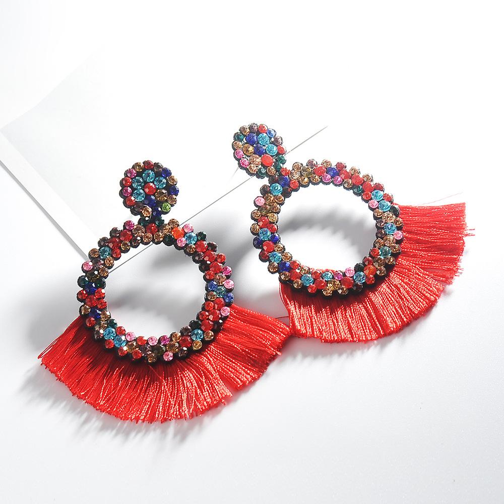 Rhinestone Tassel Earrings Female Exaggerated Color Geometric Large Earrings Personality Bohemian Earrings