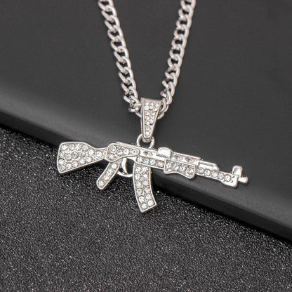 Fashion diamond-studded long gun necklace creative hip-hop submachine gun pendant jewelry