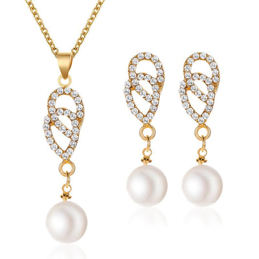Pearl Set Temperament Diamond Water Drop Two-piece Necklace Earrings Popular Jewelry