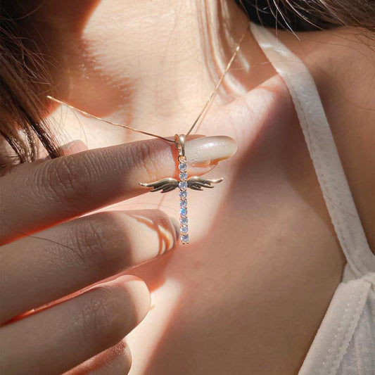 Ins full diamond cross necklace fashion temperament niche design angel wings collarbone chain couple necklace