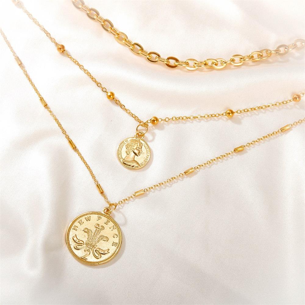 Ins exaggerated multi-layer portrait necklace punk hip-hop trendy metal thick chain stacked coin necklace female