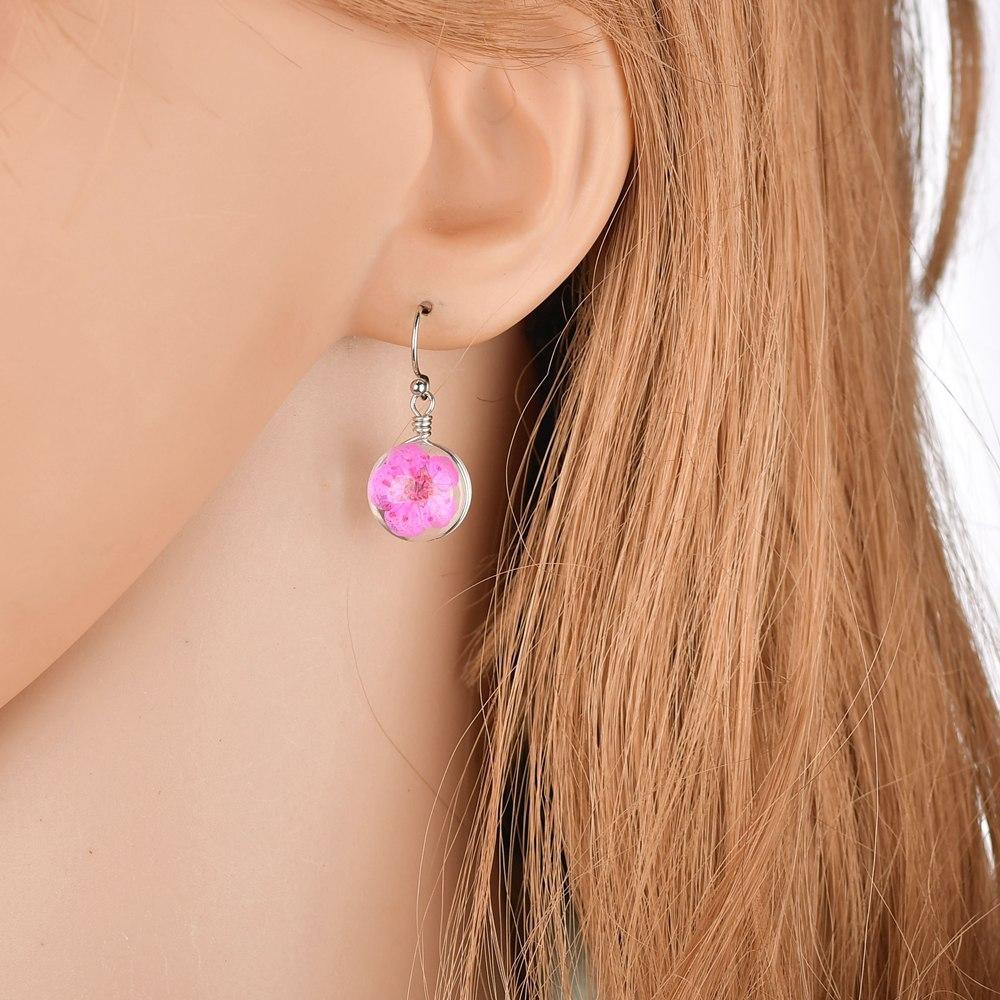 Retro Fashion Temperament Real Flowers Dried Flowers Crystal Ball Pendant Earrings Female Scenic Ethnic Jewelry