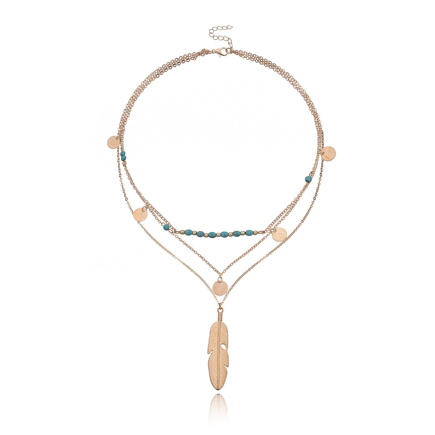 Jewelry Fashion Feather Turquoise Bead Sequin Multilayer Necklace Women's Street Shoot