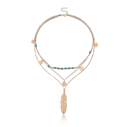Jewelry Fashion Feather Turquoise Bead Sequin Multilayer Necklace Women's Street Shoot