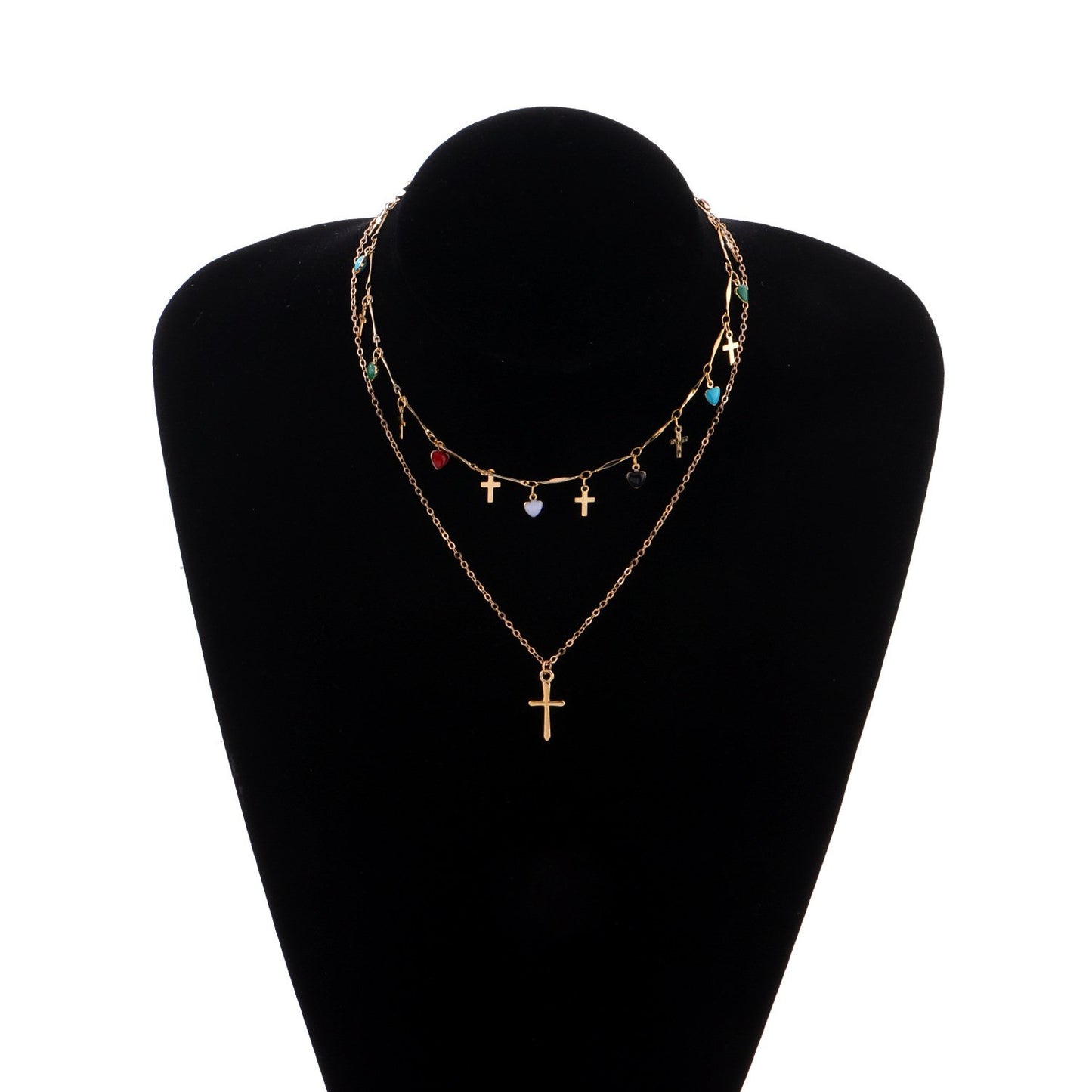 Jewelry Fashion Simple Cross Pendant Female Drop Glaze Heart Colorful Gemstone Tassel Necklace