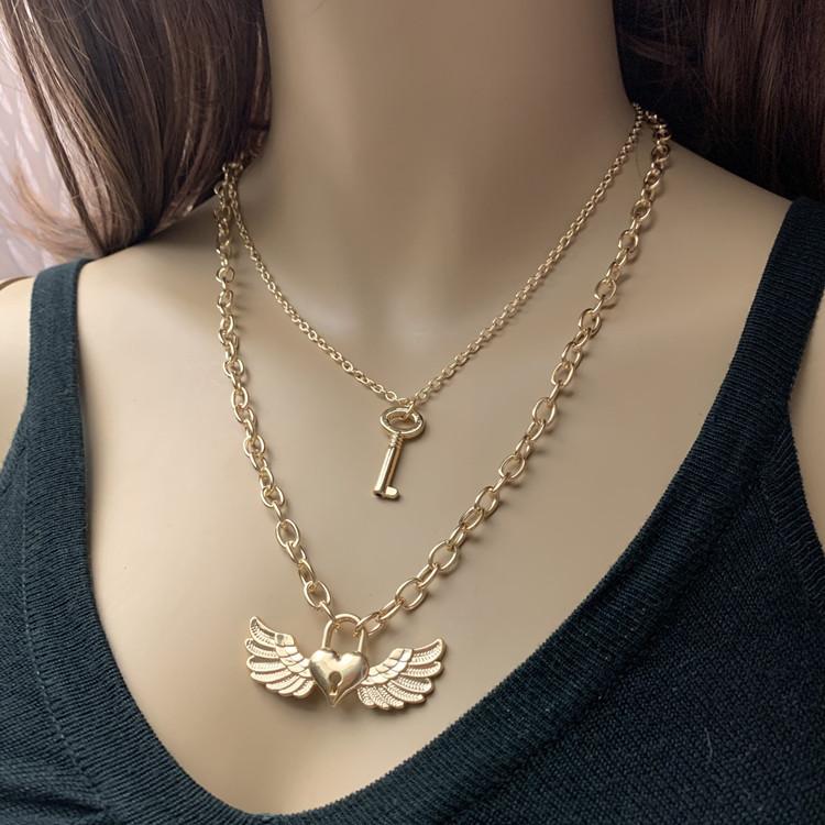 Temperament necklace female cross chain love lock wing pendant necklace double-layer fashion street shooting accessories