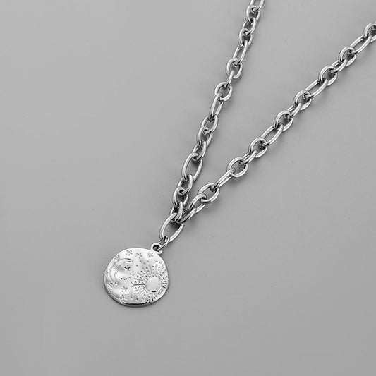 Fashion Men's Trend Personality Domineering Simple Stainless Steel Star Moon Coin Pendant Necklace Necklace