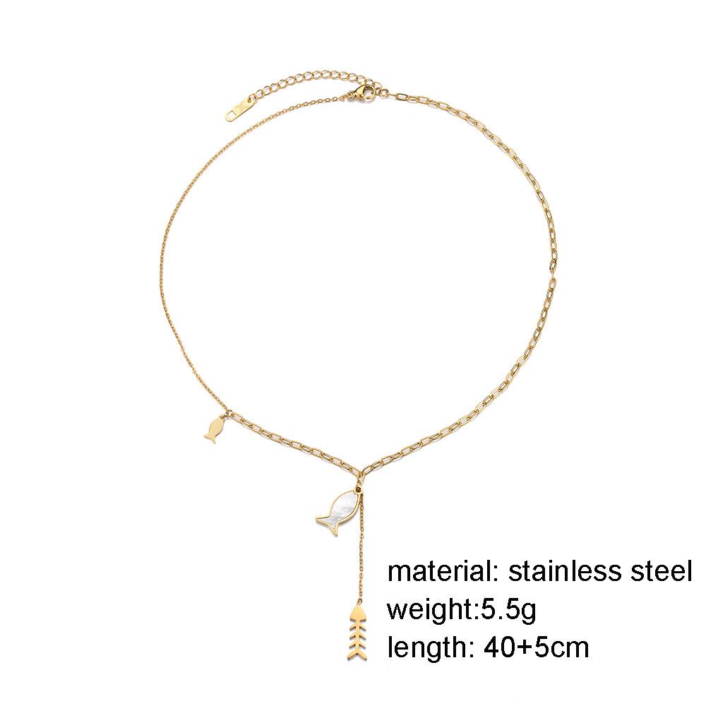 Fashionable titanium steel gold-plated fishbone pendant elegant white mother-of-pearl adjustable small fish collarbone necklace