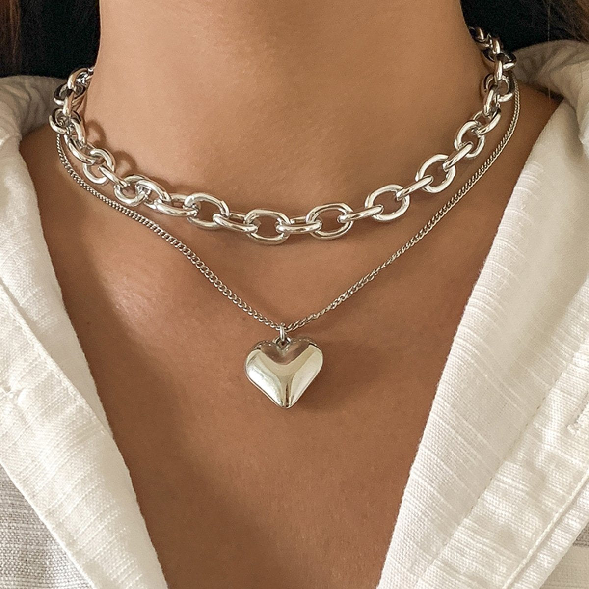 Jewelry Punk Hip Hop Aluminum Chain Clavicle Necklace Retro Simple Peach Heart Pendant