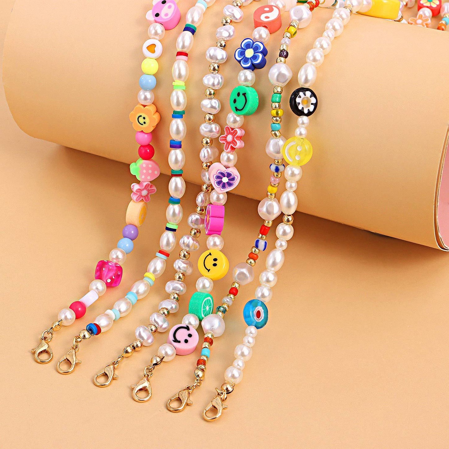 Jewelry multi-element fashion trend pearl necklace cartoon painted soft pottery fruit smiley necklace