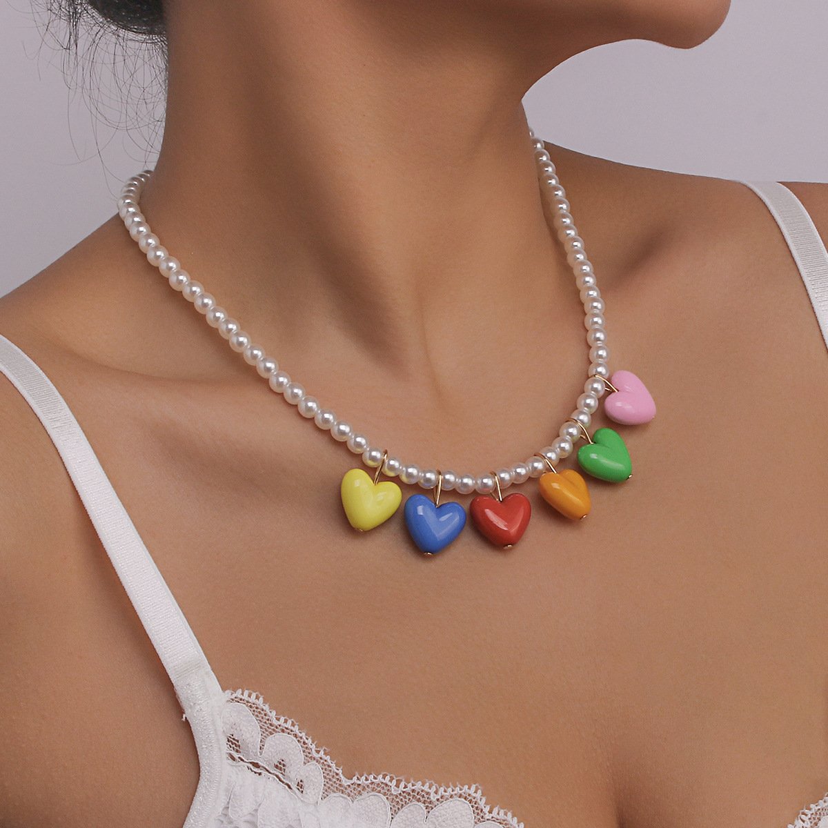 N136 Rainbow Pearl Necklace Spring and Summer Temperament Niche Necklace Net Red Resin Love Sweet Cool Necklace