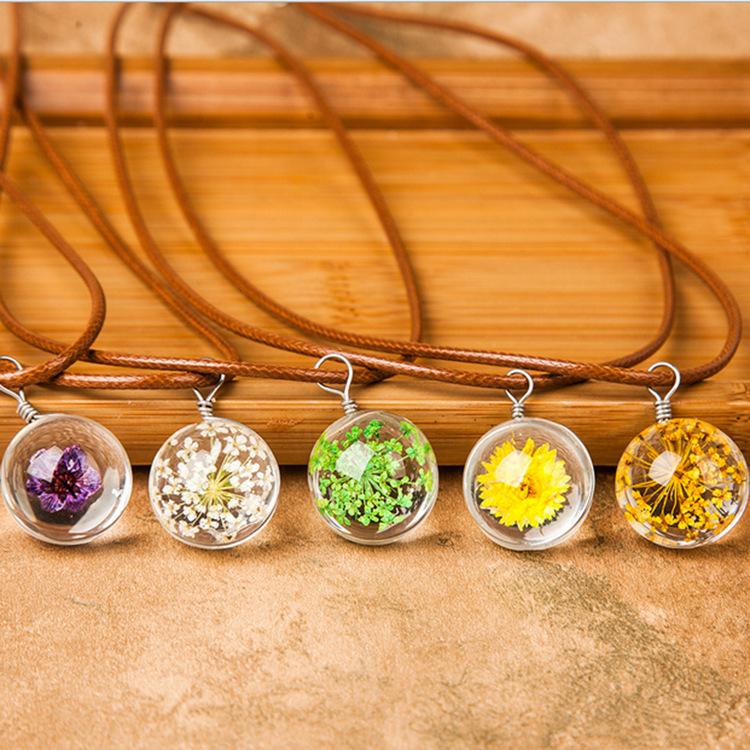 Time gem transparent crystal ball herbarium necklace dandelion dried flower pendant clavicle chain
