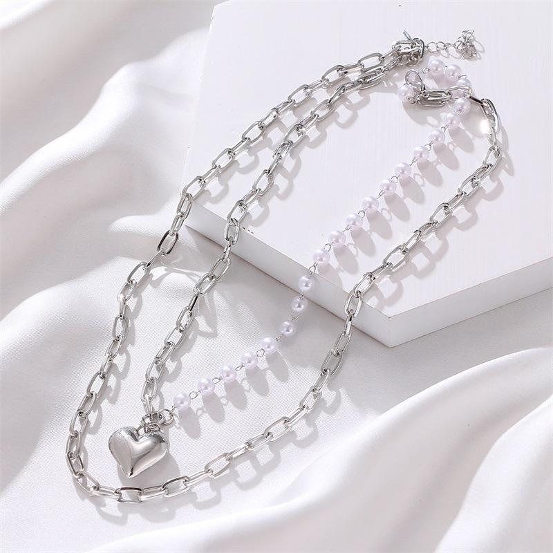 Jewelry punk double-layer geometric big heart pendant imitation pearl necklace female ins all-match necklace