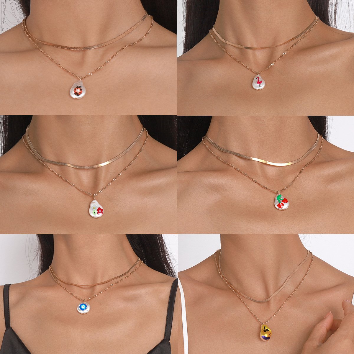 N1699 Necklace Fresh and Lovely Drip Oil Cherry Print Ladybug Layered Double Layer Simple Necklace