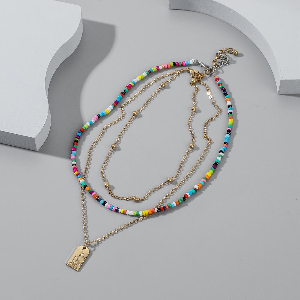 Bohemian Multi-layer Fashion Colorful Rice Beads Metal Pendant Necklace Women Jewelry