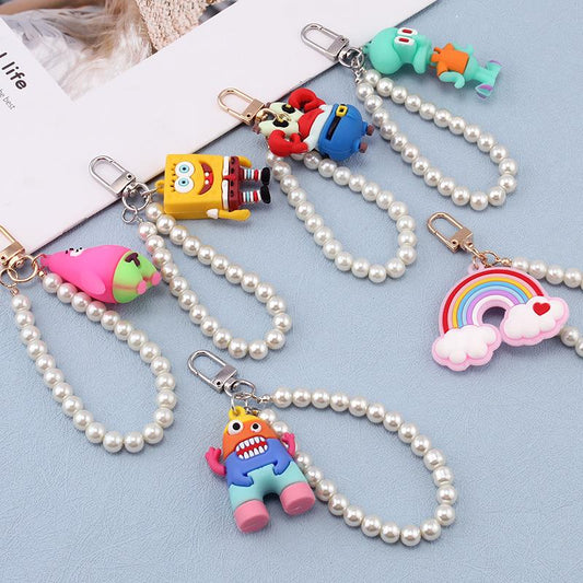 Creative Monster Rainbow Keychain Simple and Cute SpongeBob SquarePants Combination Soft Pottery Bag Pendant Pearl Chain