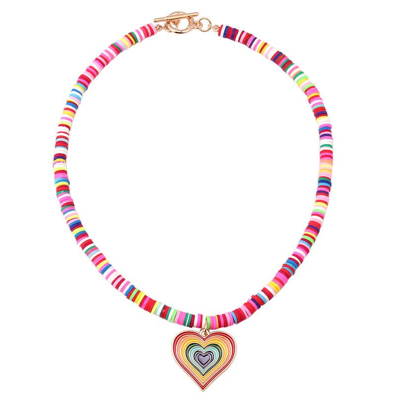 Niche design sense rainbow color soft pottery beaded gradient color love necklace female simple all-match necklace