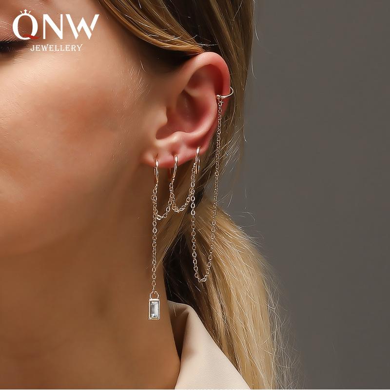 Fashionable multi-layer chain tassel ear clip personality long zircon earrings street style single ear bone clip for men and women