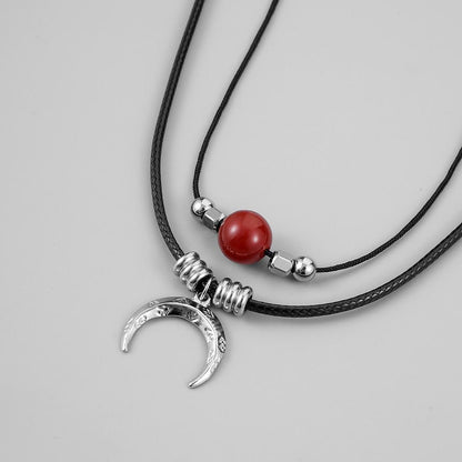 Trendy fashion independent design men's simple double layer red agate stainless steel moon wax rope necklace