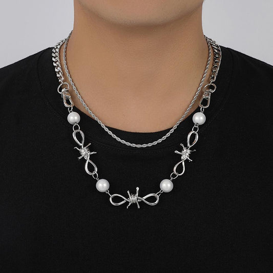Exaggerated personality thorns splicing key chain reflective pearl stacked necklace twist Cuban clavicle chain
