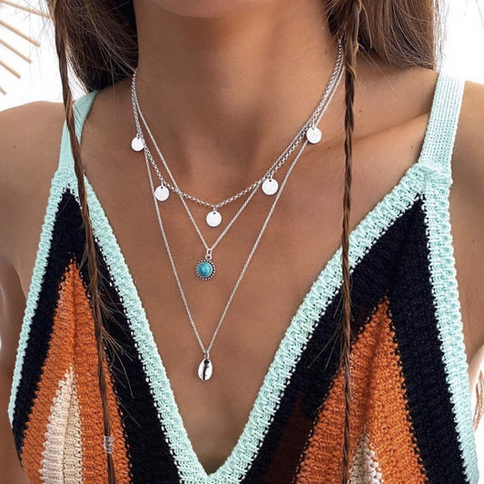Ornament Vintage Ethnic Turquoise Pendant Necklace Simple Metal Sequin Shell Necklace Women