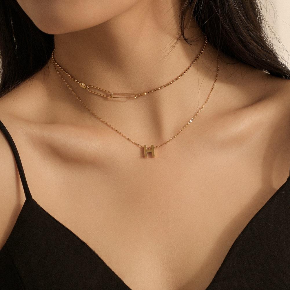 ins stainless steel 18K gold-plated exquisite double-layer necklace brooch letter H clavicle chain simple necklace accessories