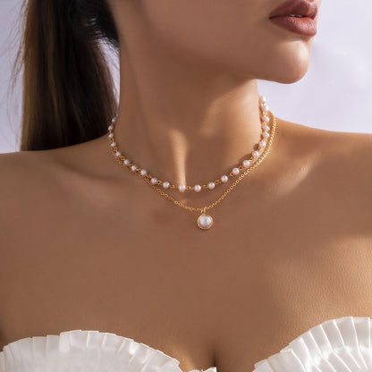 Jewelry Personality Round Pendant Thin Chain Necklace Simple Temperament Imitation Pearl Double Layer Necklace Female